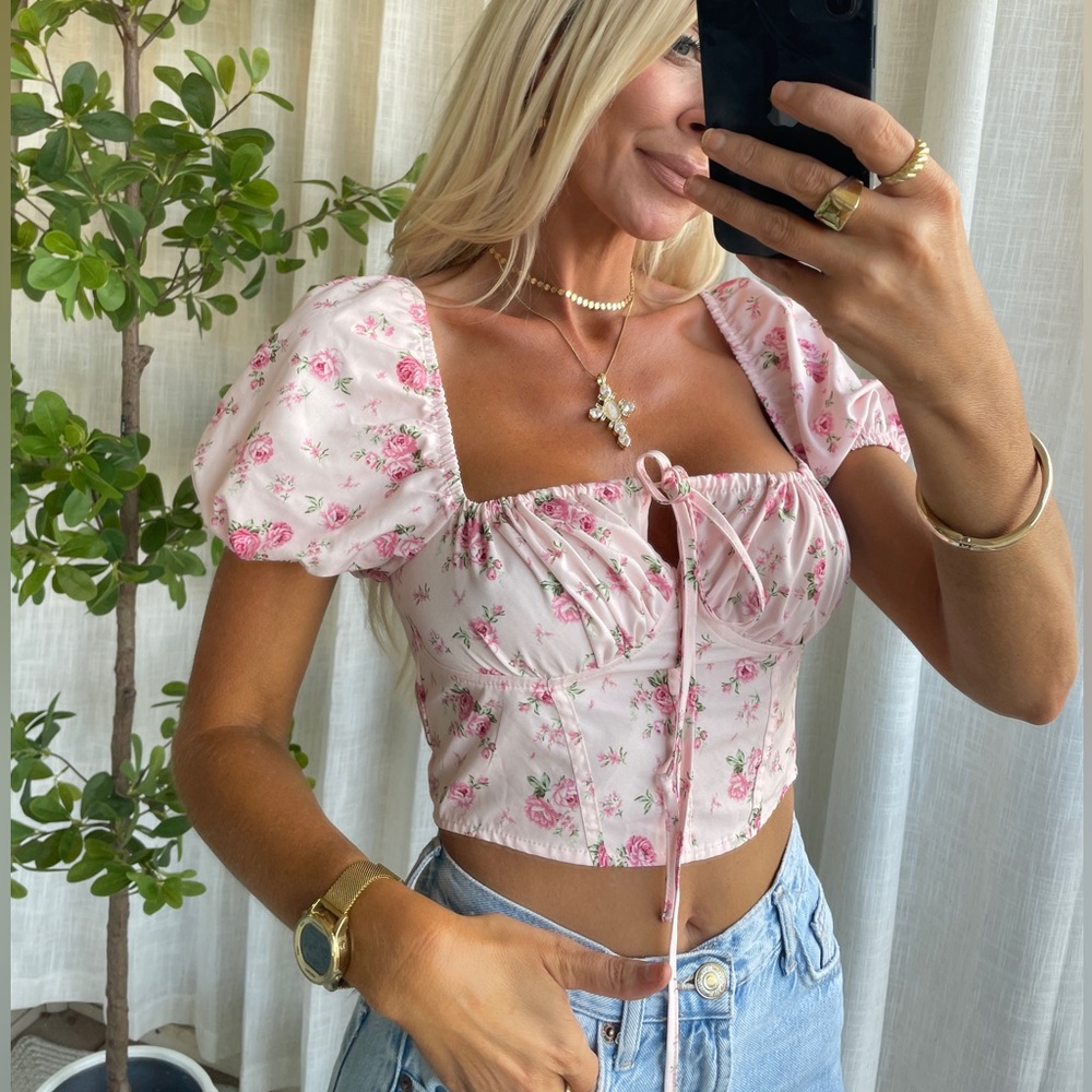 Cropped Puff-Sleeve Floral Tie-Front Top - Pink